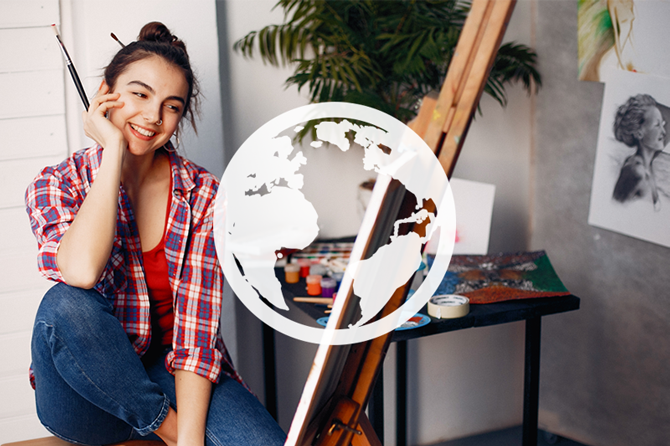 White globe logo over a photo of an art student painting on an easel